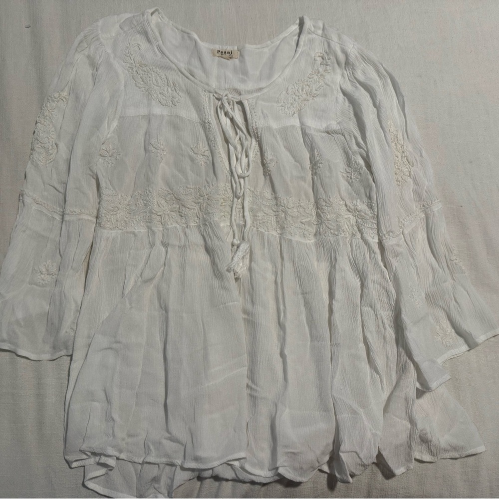 Paani White Boho Blouse Long Sleeve Embroidered Large
